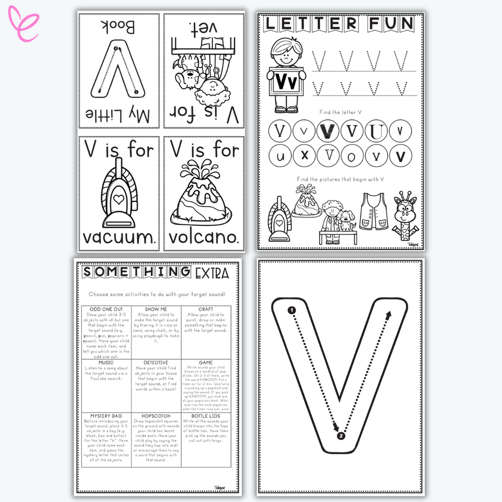 A 'My Little V Book' cover with six black-and-white printable pages for letter V learning. The background includes craft materials like popsicle sticks, hearts, and googly eyes.