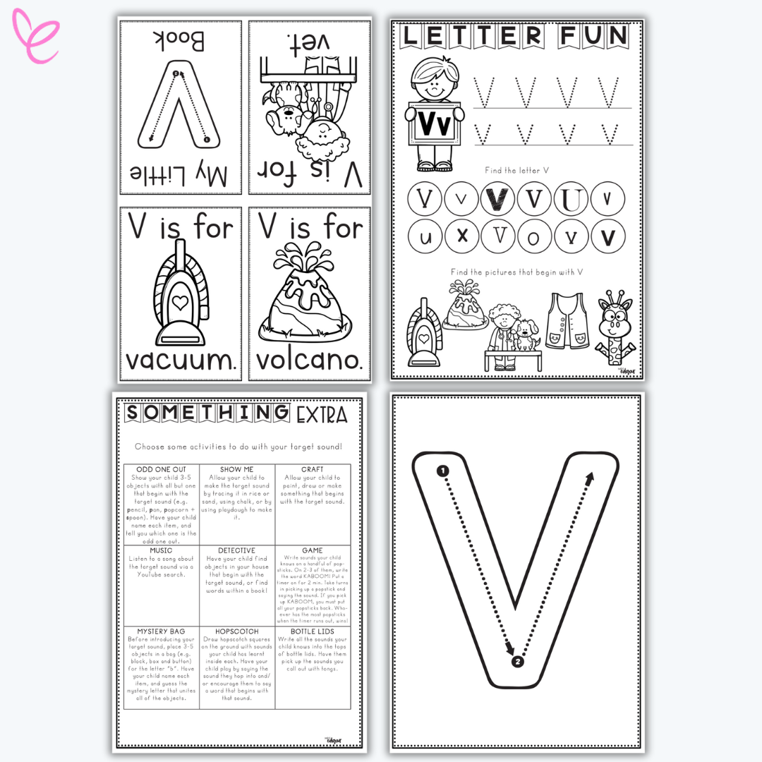 A 'My Little V Book' cover with six black-and-white printable pages for letter V learning. The background includes craft materials like popsicle sticks, hearts, and googly eyes.