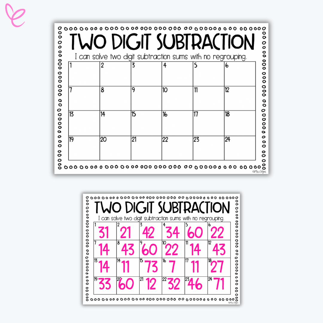 Features two "Two Digit Subtraction" recording sheets, one blank and one filled, designed to track and organise student responses.