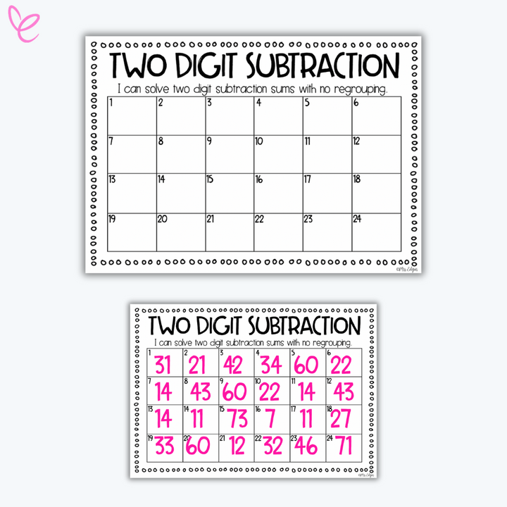 Features two "Two Digit Subtraction" recording sheets, one blank and one filled, designed to track and organise student responses.