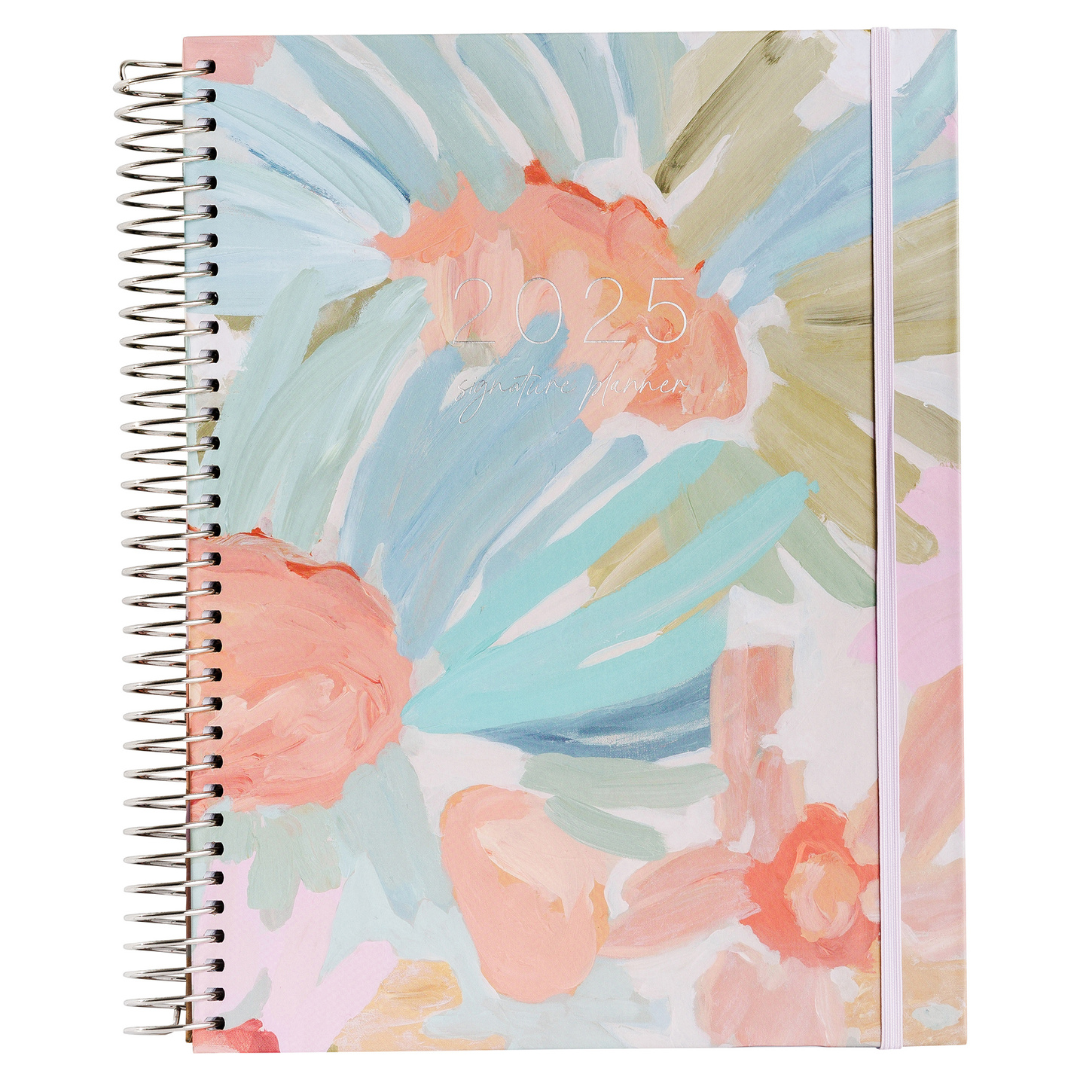 2025 coiled teacher planner with neutral floral artwork, featuring the Soirée Signature Weekly design.