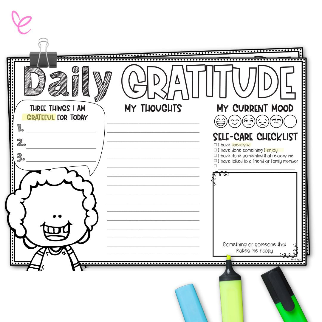 Black-and-white printable worksheet titled 'Daily Gratitude' with sections for listing things to be grateful for, writing thoughts, tracking mood, and a self-care checklist. A cartoon child illustration is on the left, with highlighters at the bottom.