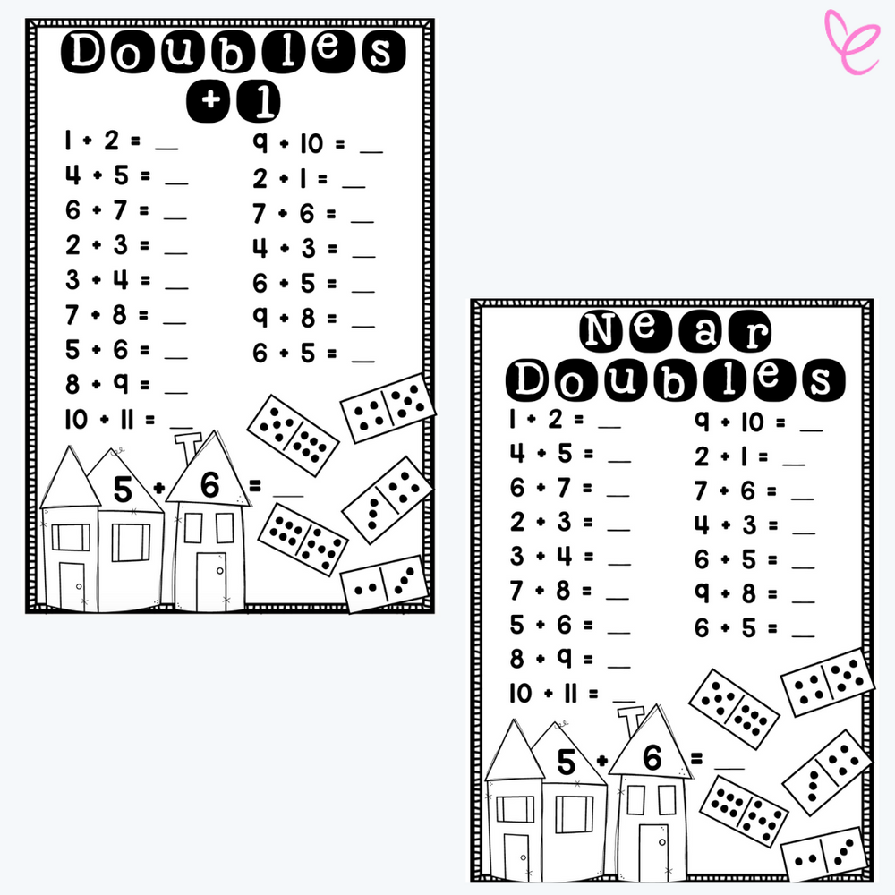 Black-and-white printable worksheets for near doubles and doubles plus one math concepts. The worksheets include addition problems like 1+2 and 6+7, with a choice of titles: 'Doubles +1' or 'Near Doubles.'