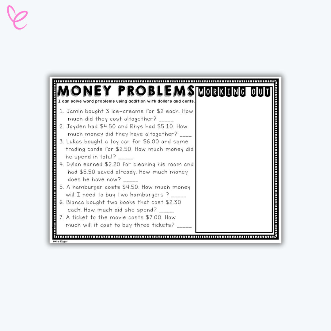 A math worksheet titled "Money Problems" featuring word problems related to Australian currency, with a space for students to write their answers.