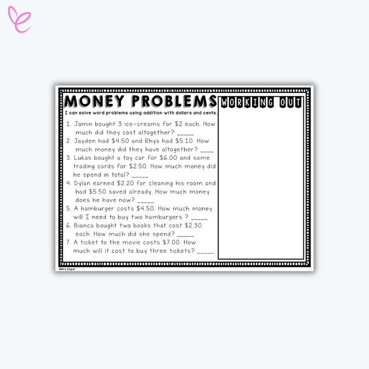 A math worksheet titled "Money Problems" featuring word problems related to Australian currency, with a space for students to write their answers.