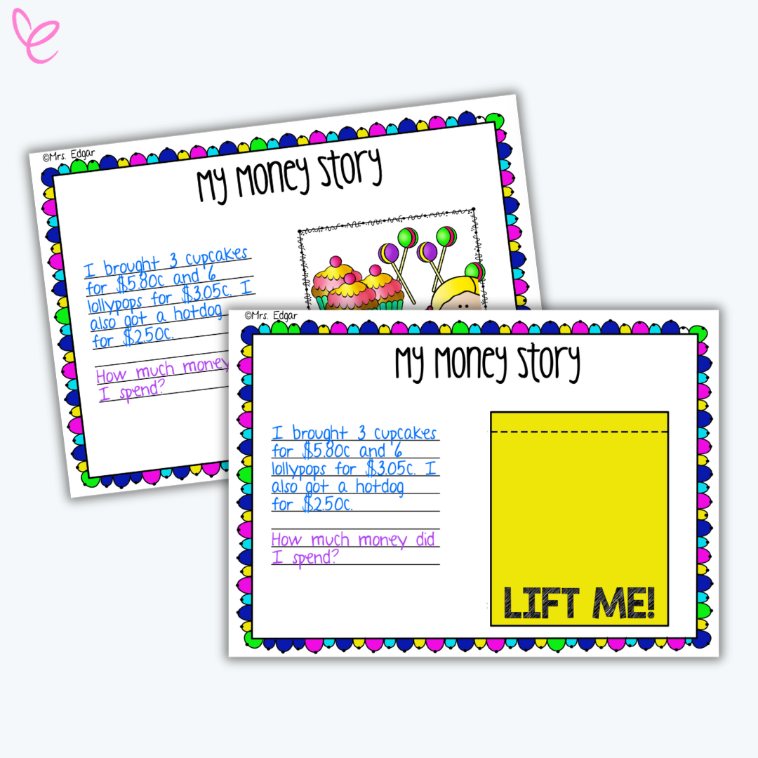 A “My Money Story” worksheet where students write and calculate expenses, featuring a colorful border and an interactive "Lift Me!" section.