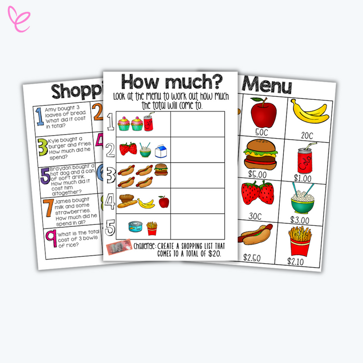 A shopping activity set including a menu, word problems, and a "How Much?" worksheet, helping students calculate total costs.