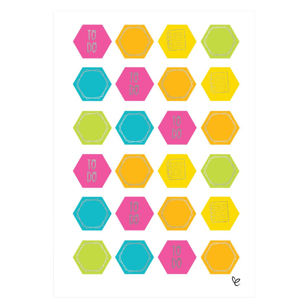 Single planner sticker sheet with 24 hexagonal stickers in pink, orange, yellow, green, and blue. Silver foil to-do and notebook icons.