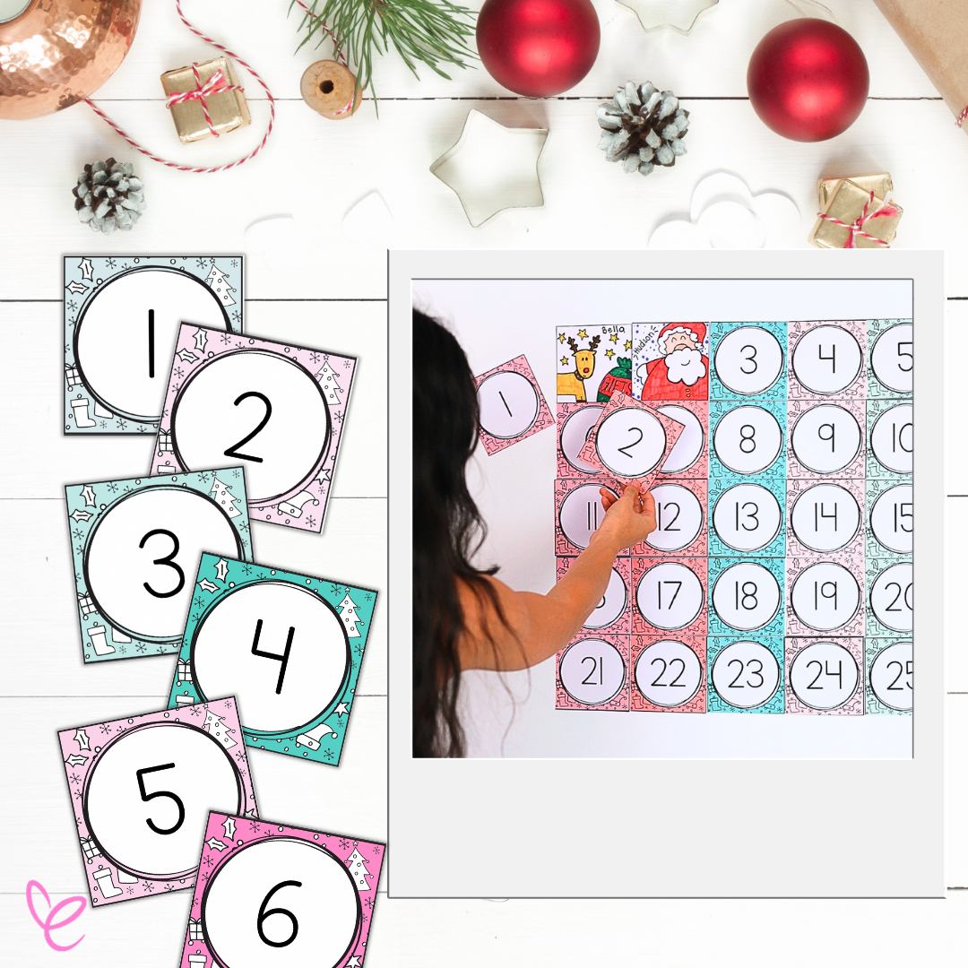 Completed digital Christmas Advent Calendar on the right and individual numbers on the left, placed on a white desk with surrounding Christmas decorations