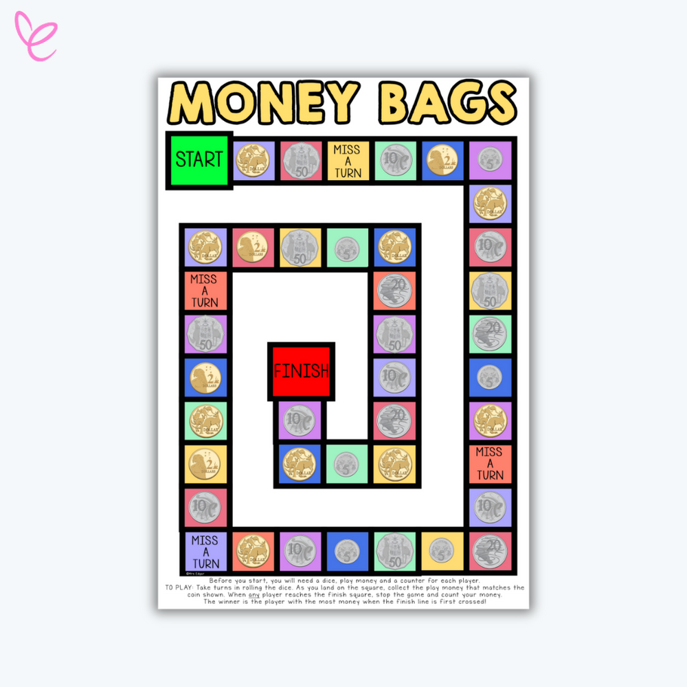 A board game called "Money Bags," with a colorful path featuring Australian coins, a "Start" and "Finish" square, and gameplay instructions.