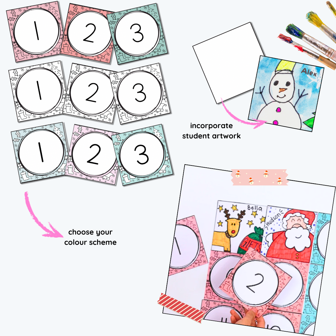 A photo showing the pieces of the digital Christmas Advent Calendar, displayed on a white background with instructions.