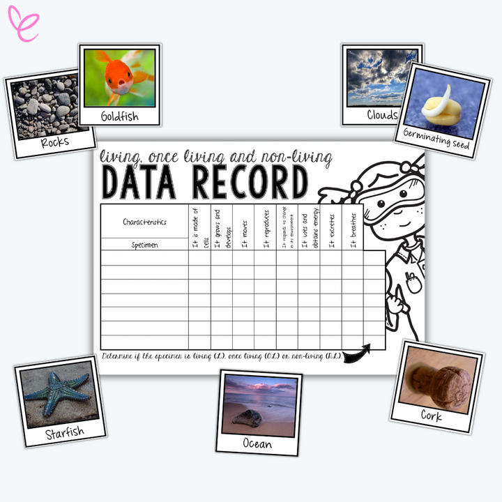 A black-and-white data record sheet for classifying living, once-living, and non-living things. Surrounding the sheet are six labeled polaroid-style images, including a goldfish, rocks, clouds, a germinating seed, a starfish, and the ocean.
