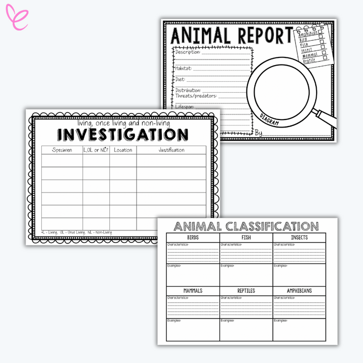  Three printable black-and-white science worksheets: an animal report template with a magnifying glass illustration, an investigation table for classifying objects, and an animal classification chart with categories for birds, fish, insects, mammals, reptiles, and amphibians.