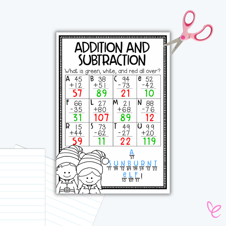 Completed Christmas maths worksheet with addition and subtraction problems for students to crack the code, designed as a fun activity.