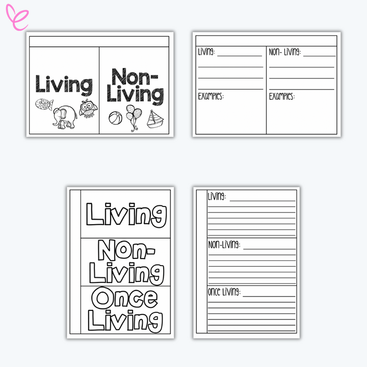 Four printable classroom sorting activities for categorizing living, non-living, and once-living things. Each worksheet includes structured spaces for students to list examples and define key characteristics.