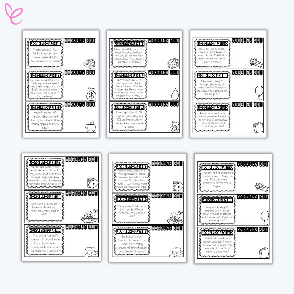 Digital download of Word Problems for Grades 3 and 4, featuring worksheets aimed at enhancing students' math skills, designed for teachers. Displayed next to each other on a white background.