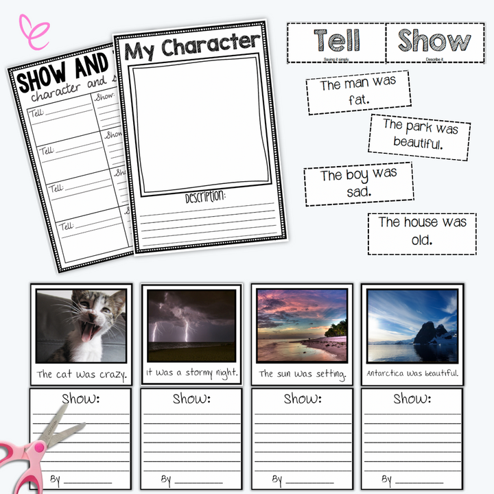  A collage of writing activity sheets for "Show, Don't Tell," featuring sentence strips, character description worksheets, and image-based writing prompts. Scissors and cut-out phrases are included, indicating an interactive learning exercise.