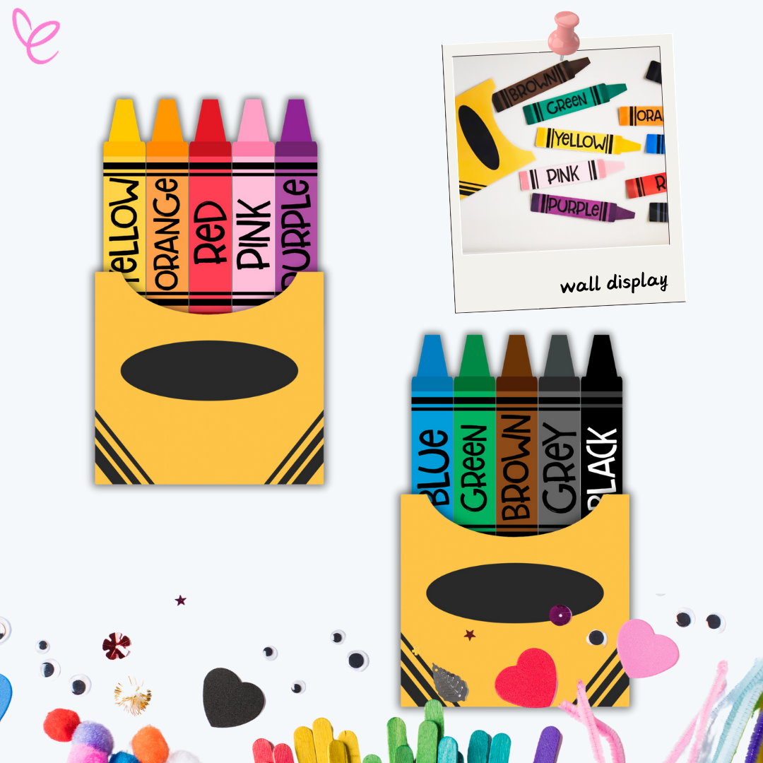 Illustration of two crayon boxes, each featuring a set of colourful crayons labelled with their respective colours such as blue, green, red, and yellow. The bottom image displays a yellow crayon box with colourful sticks inside.