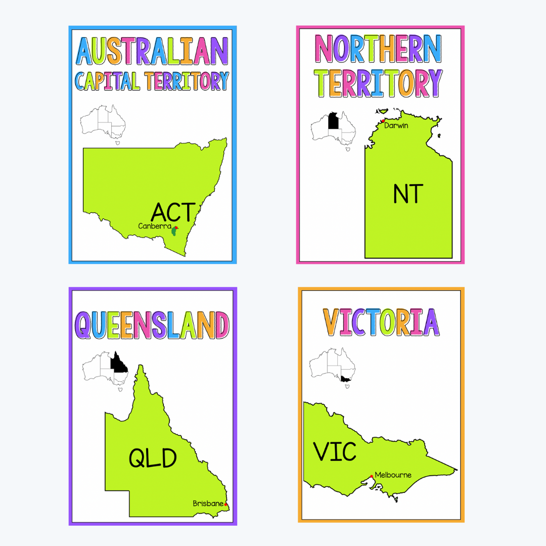 Four vibrant posters featuring Australian regions: Australian Capital Territory (ACT) in blue, Northern Territory (NT) in pink, Queensland (QLD) in purple, and Victoria (VIC) in orange, each with a highlighted map and abbreviation.