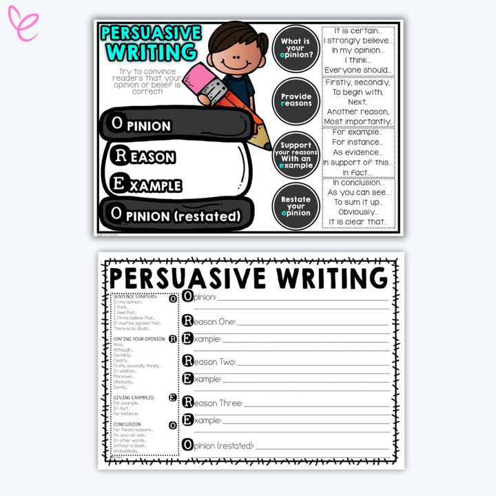 Detailed persuasive writing worksheet showcasing the OREO structure. Features a step-by-step guide for structuring opinions, providing reasons, examples, and restating the opinion. 