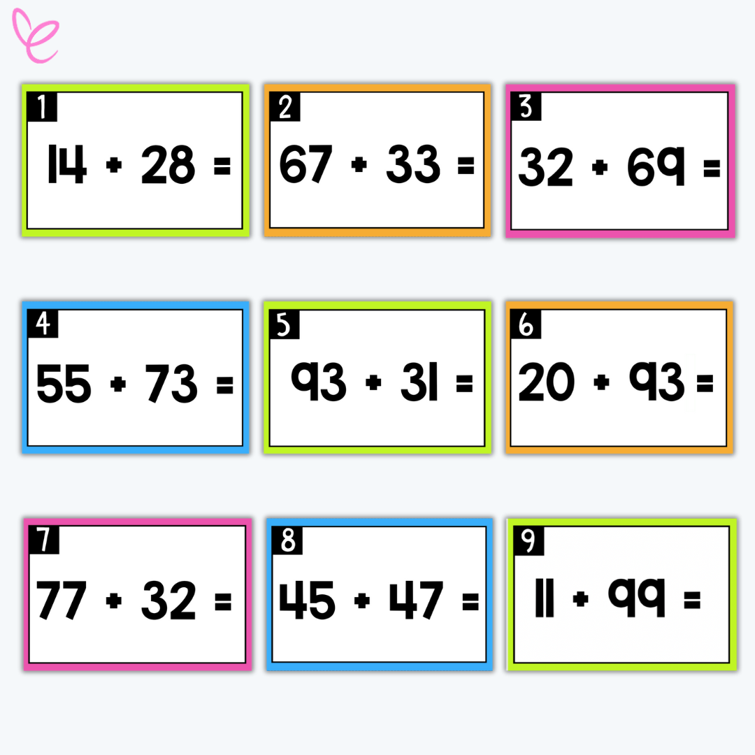 Nine colourful task cards for two-digit addition with regrouping, each displaying a unique sum such as 14 + 28 and 67 + 33.