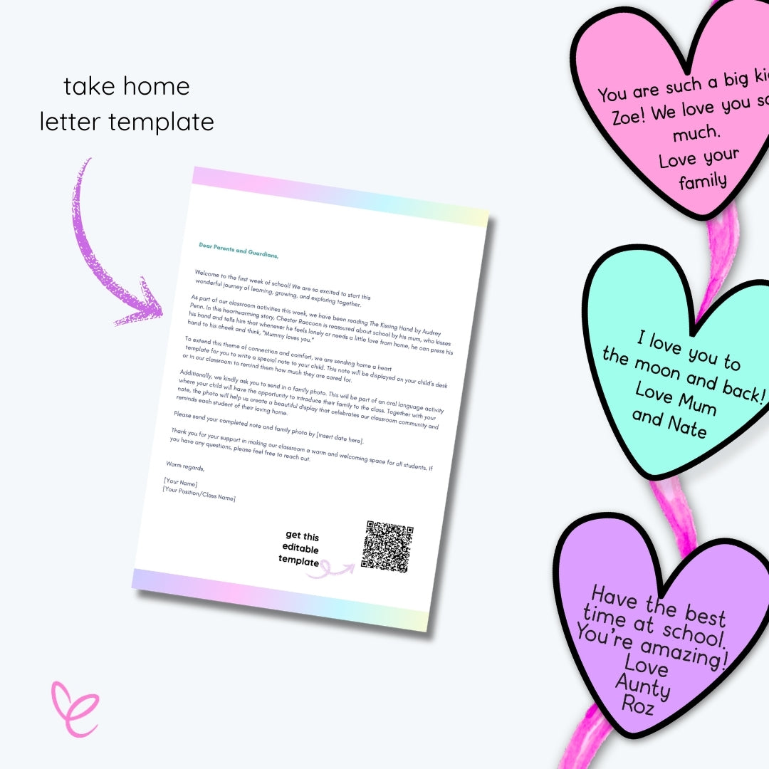 A take-home letter for parents explaining a classroom activity, with a QR code linking to an editable template. Heart-shaped notes with loving messages for students surround the letter.