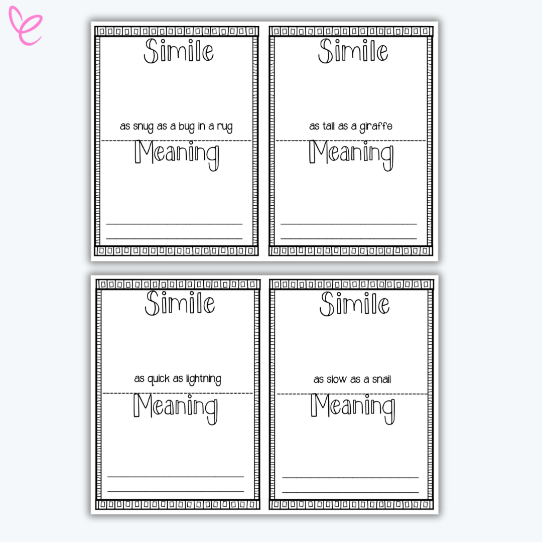 Four simile worksheets showcasing phrases such as 'as snug as a bug in a rug,' 'as tall as a giraffe,' 'as quick as lightning,' and 'as slow as a snail,' with space for students to interpret and use the similes in context.