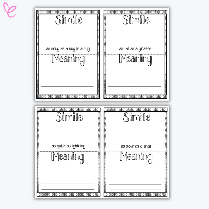 Four simile worksheets showcasing phrases such as 'as snug as a bug in a rug,' 'as tall as a giraffe,' 'as quick as lightning,' and 'as slow as a snail,' with space for students to interpret and use the similes in context.