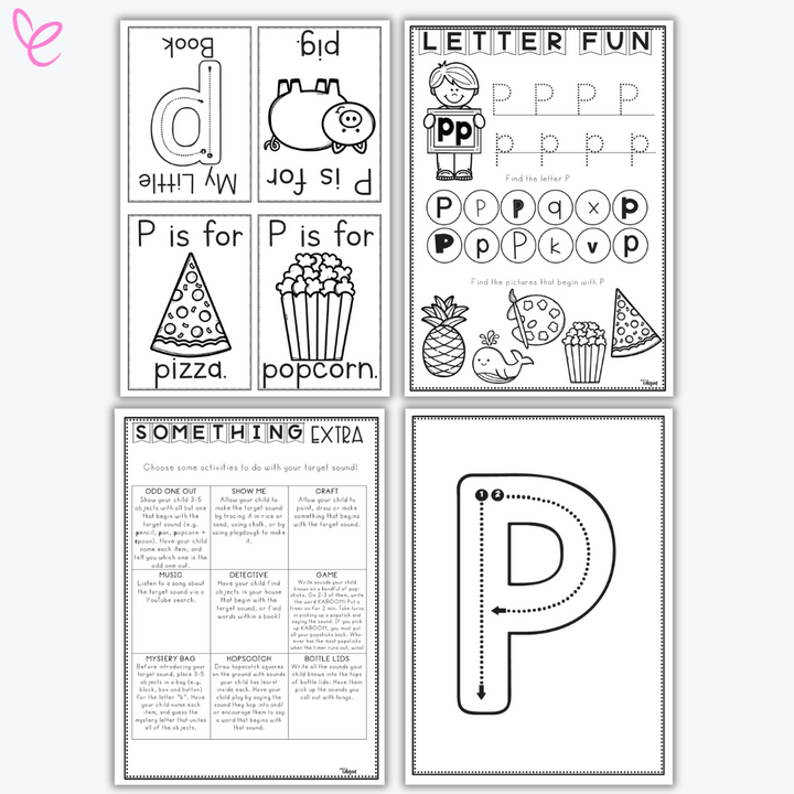 Black-and-white printable worksheets for learning the letter P, including tracing, letter recognition, and word association with pictures. Activities include 'Letter Fun,' 'Something Extra' extension tasks, and illustrated 'P is for' pages.