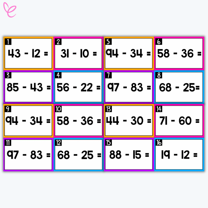 Bright and colourful task cards showing two-digit subtraction equations, designed for classroom use to reinforce subtraction skills.