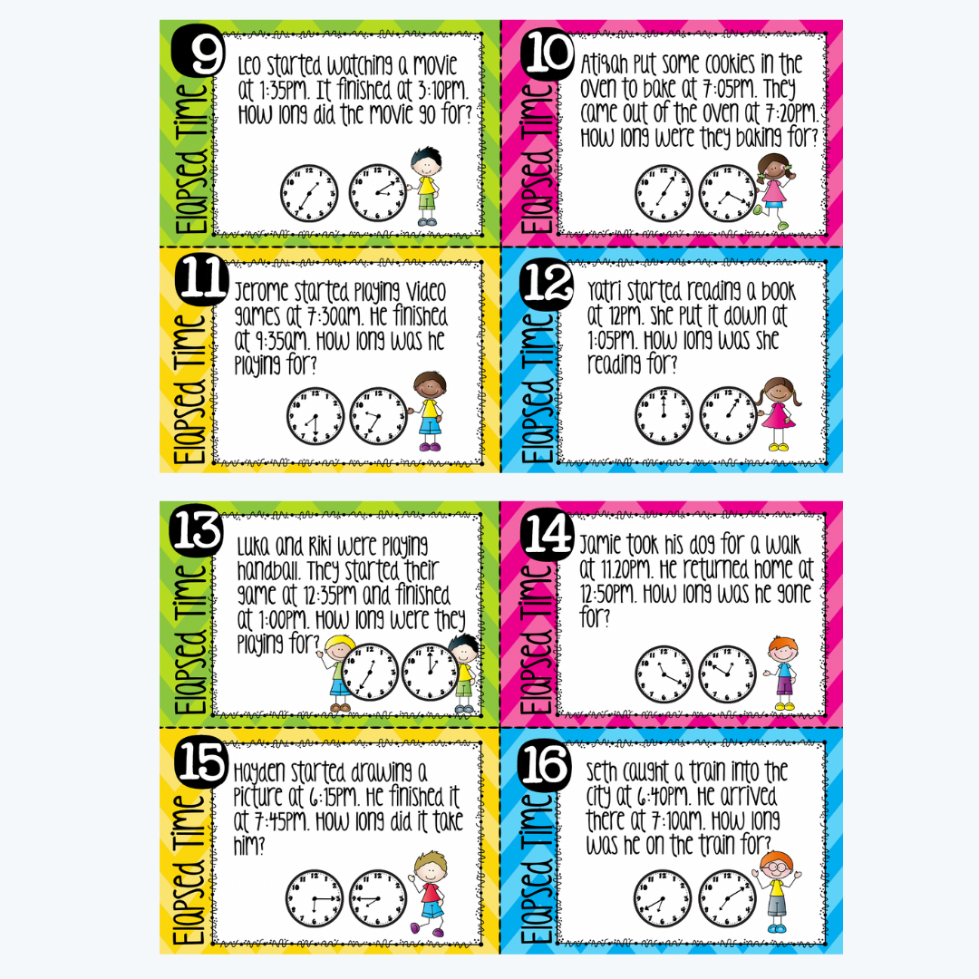 Colourful Elapsed Time Task Cards for Grade 3 and Grade 4 displayed on a white background showcasing engaging maths activities.