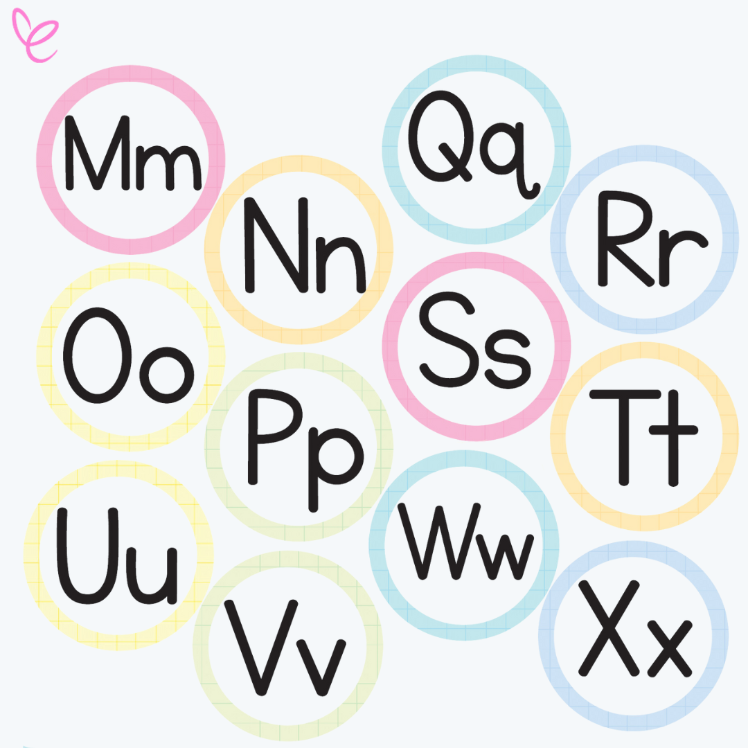 Twelve gentle-coloured alphabet circles showcasing uppercase and lowercase letters from 'Mm' to 'Xx' in pastel shades of pink, yellow, green, and blue. Letters are neatly arranged in three rows for a soft and organised look.