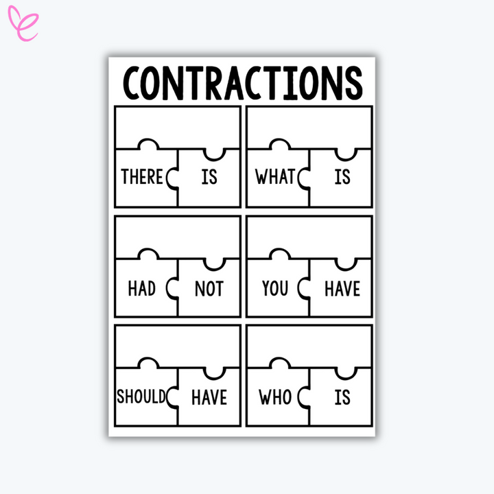 Black-and-white printable contraction puzzle featuring common phrases like 'there is' and 'should have.' Each phrase is split into puzzle pieces to teach contractions.