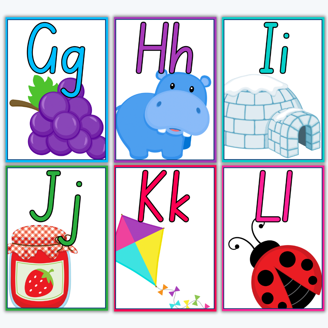  A bright and engaging set of classroom alphabet posters, each featuring an uppercase and lowercase letter alongside an illustrated object or animal representing the letter sound.