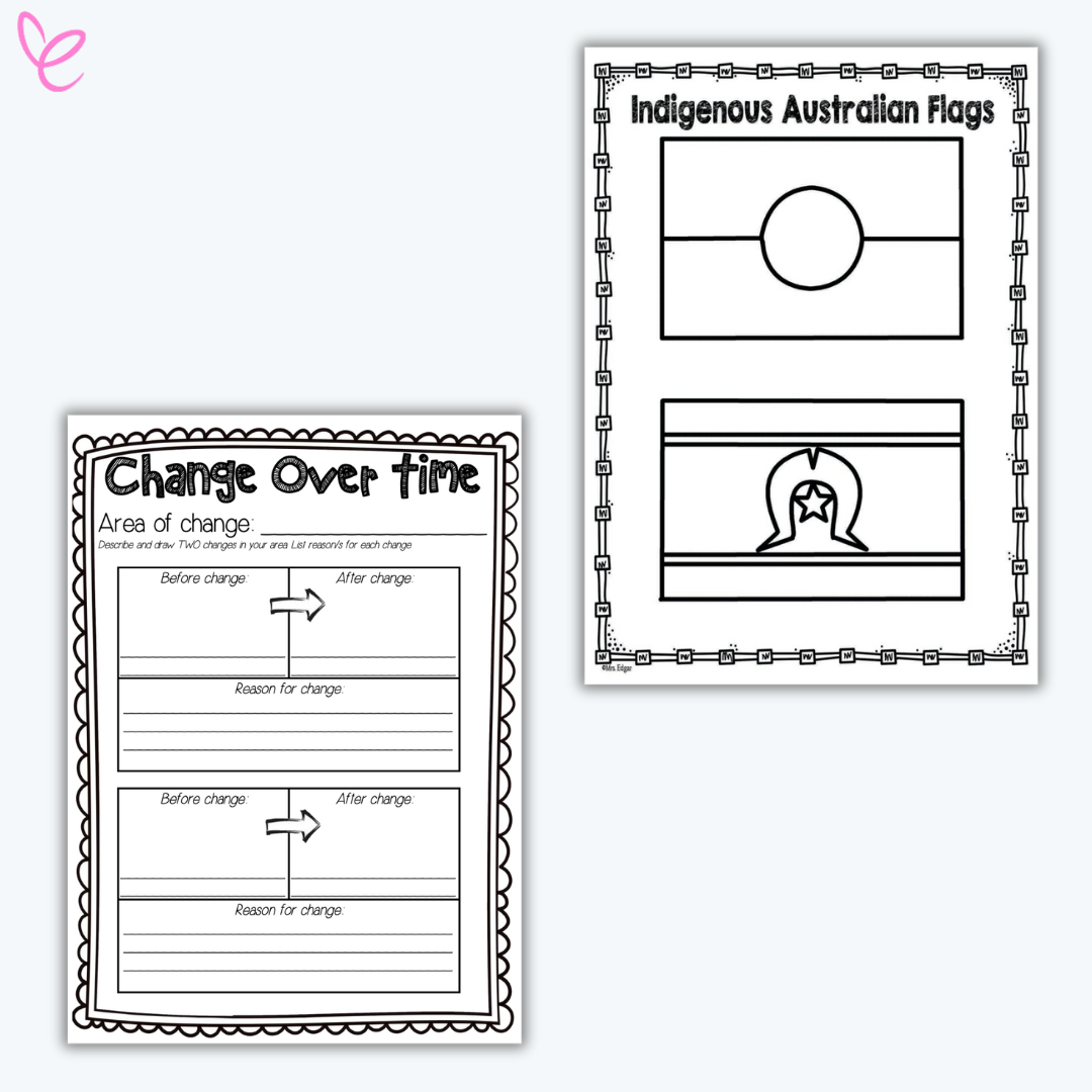 A black-and-white printable worksheet set featuring two activities. One worksheet is titled "Change Over Time" and prompts students to describe and draw two changes in their environment, including reasons for the change. The second worksheet is labeled "Indigenous Australian Flags" and includes outline drawings of the Aboriginal and Torres Strait Islander flags.