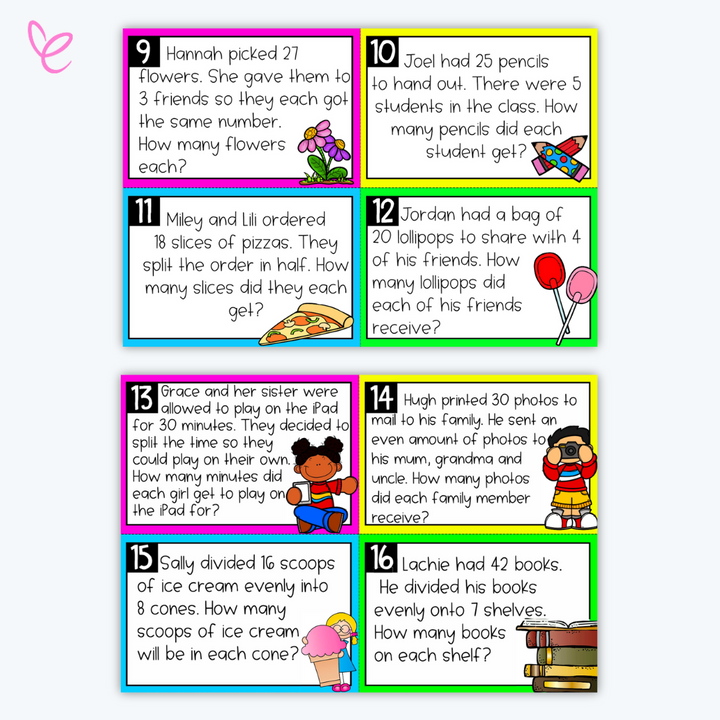 Eight colourful task cards featuring division word problems with visual prompts. Each card presents a unique scenario for students to solve, promoting math skills in a fun and interactive way