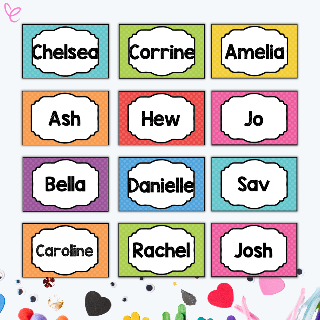 A collection of vibrant name tags with student names written in bold black text. Each tag has a different coloured background with a polka-dot pattern.