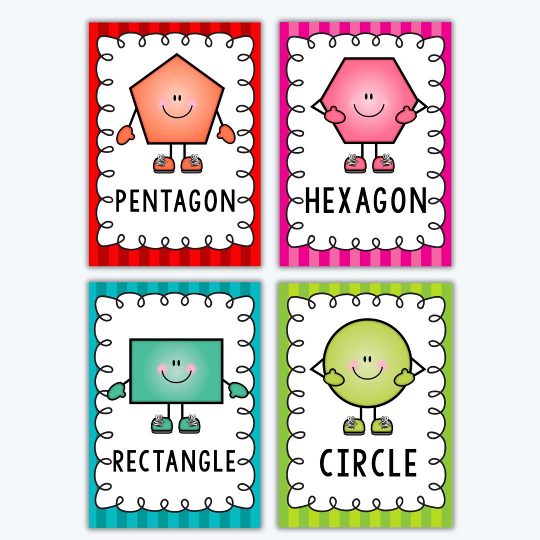 Four vibrant shape posters with smiling cartoon-style shapes. Features a red pentagon, pink hexagon, teal rectangle, and green circle with colourful striped backgrounds.