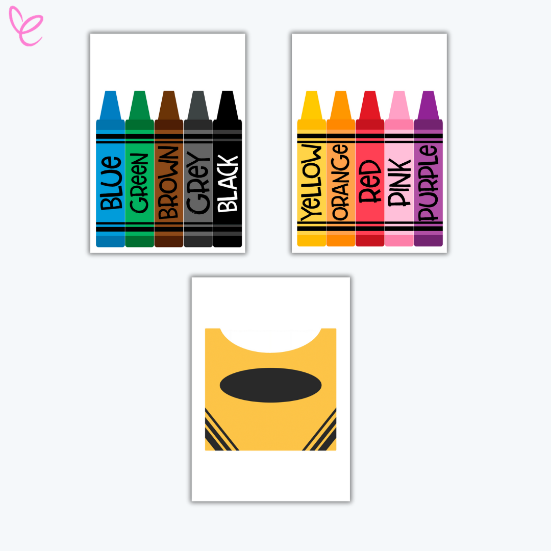 Two sets of vibrant crayon illustrations arranged for a classroom wall display. One crayon box is open, showcasing crayons labelled with 'Blue,' 'Green,' and 'Red.' Another display shows the crayons spread out.