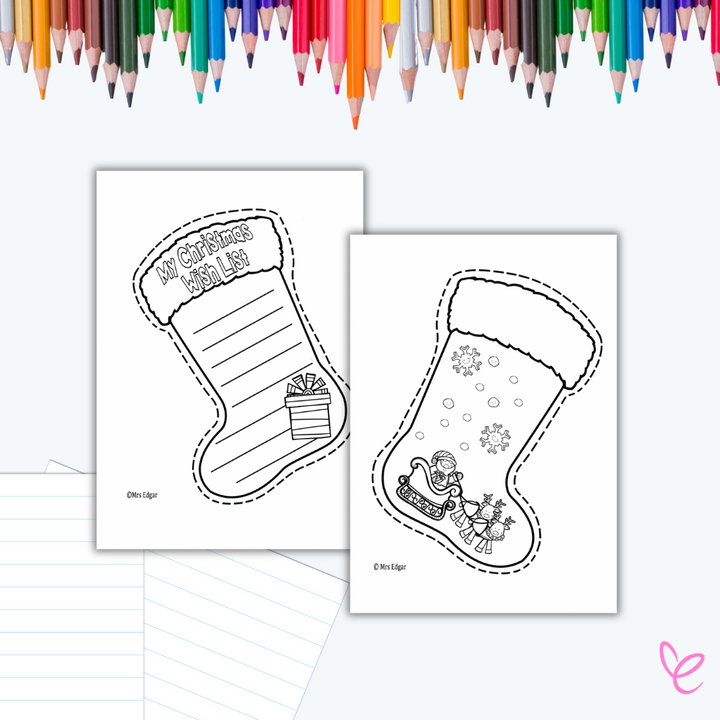 Two cards with Christmas stockings for students to write wish lists, then colour and embellish to create their own festive designs.