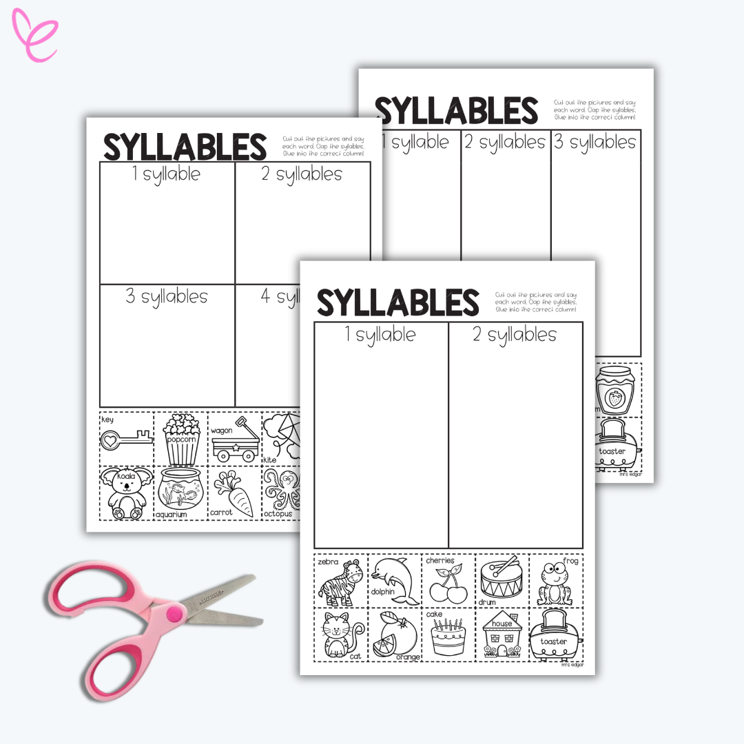 Worksheet for syllable activity with pictures and syllable counts (2, 3, 4) displayed on a white background, next to a pair of scissors.