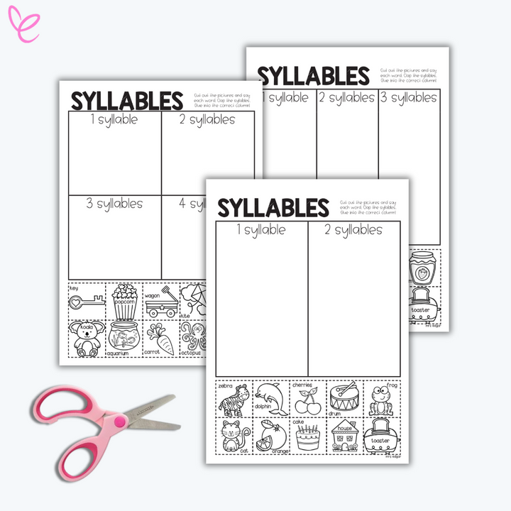 Worksheet for syllable activity with pictures and syllable counts (2, 3, 4) displayed on a white background, next to a pair of scissors.