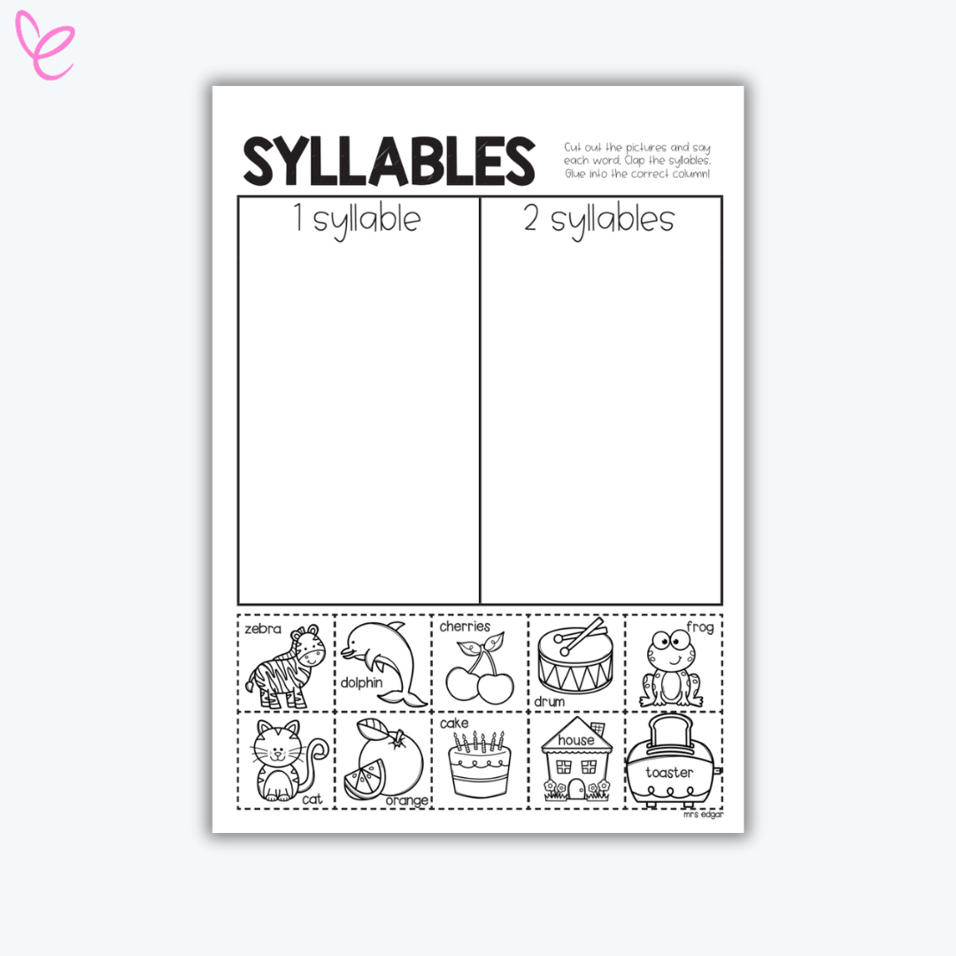 Worksheet for syllable activity with pictures and syllable counts (1, 2) displayed on a white background.