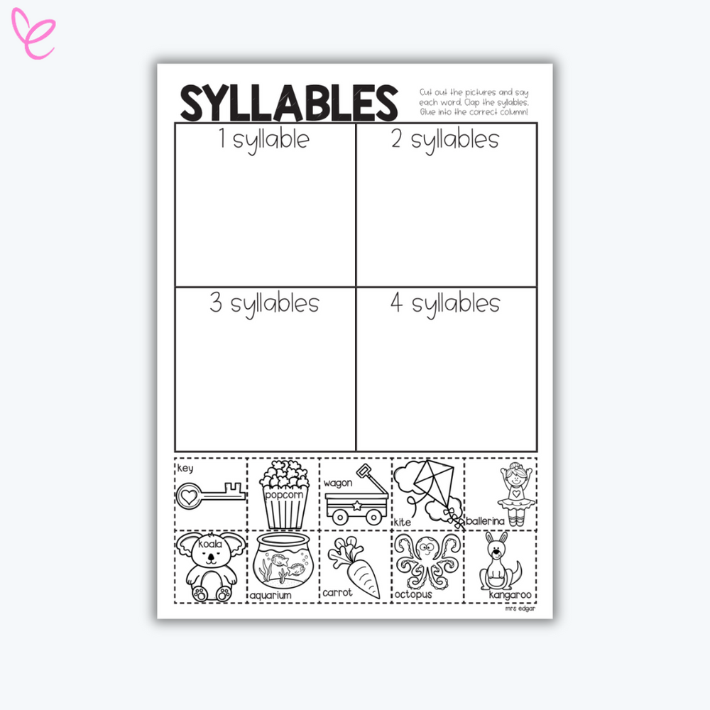 Worksheet for syllable activity with pictures and syllable counts (2, 3, 4) displayed on a white background.