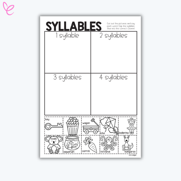 Worksheet for syllable activity with pictures and syllable counts (2, 3, 4) displayed on a white background.