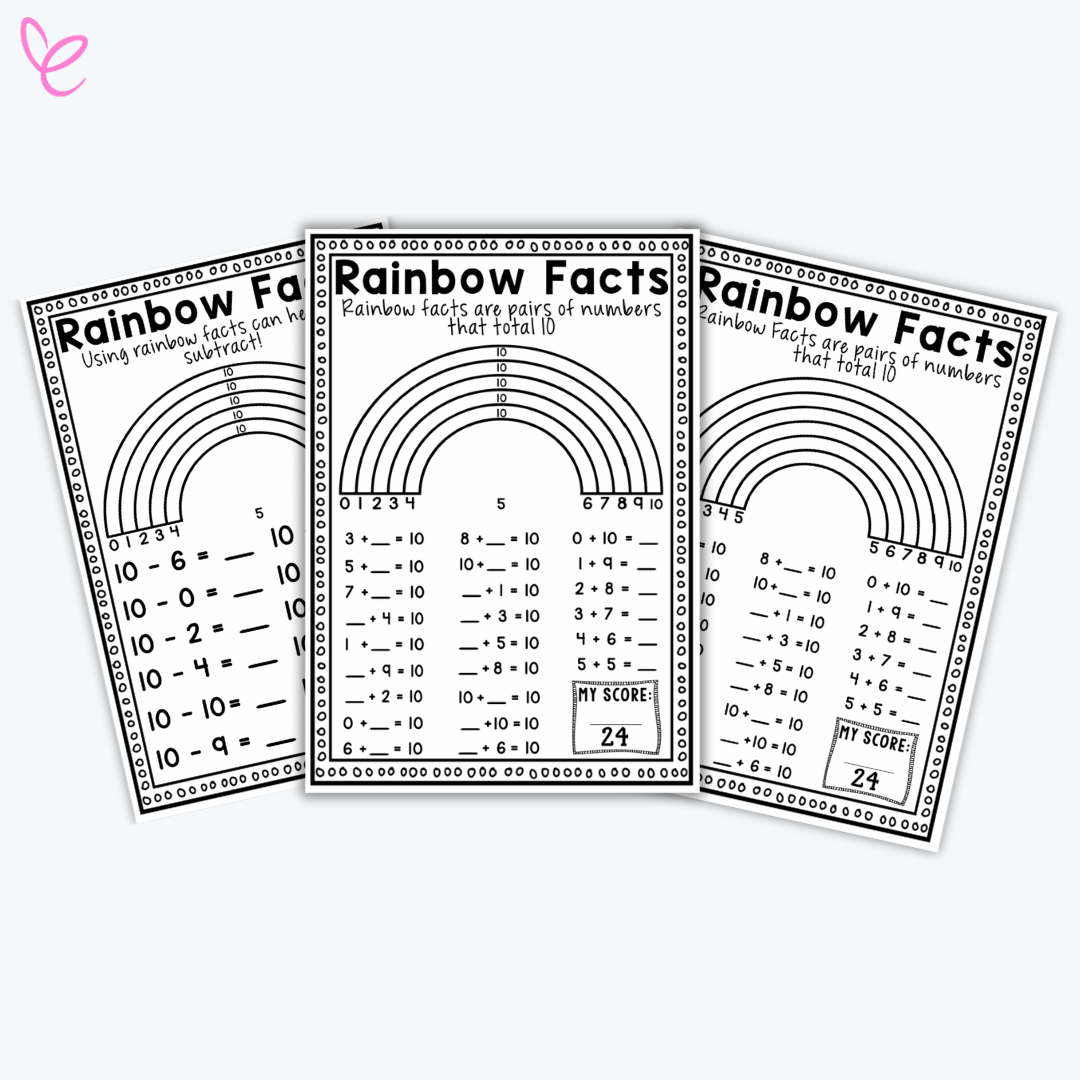 Three worksheets featuring a rainbow diagram to help students practice pairs of numbers that add up to 10.