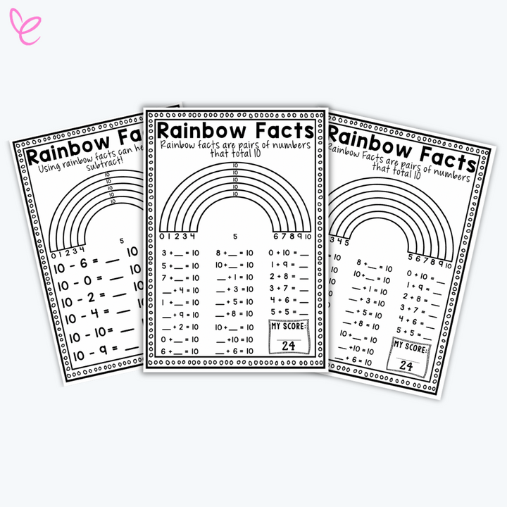 Three worksheets featuring a rainbow diagram to help students practice pairs of numbers that add up to 10.