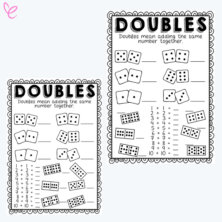  black-and-white worksheets teaching doubles addition with visual dice prompts.