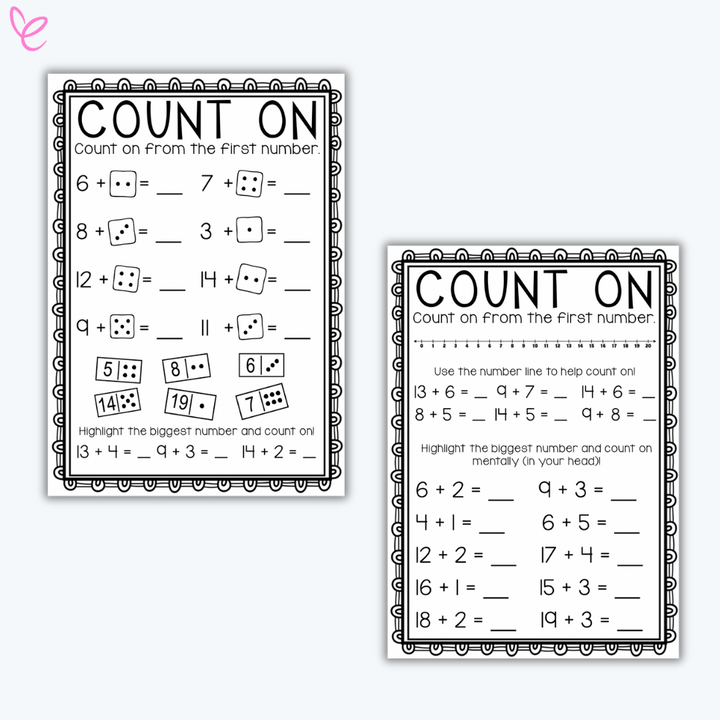 Two black-and-white addition worksheets teaching students how to count on using dice and number lines.