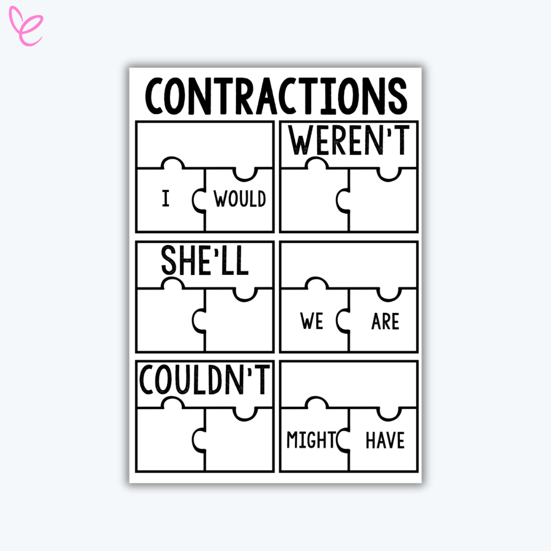 Printable contraction puzzle with words like 'weren’t,' 'she’ll,' and 'couldn’t.' The puzzle pieces visually separate contractions into their original words.